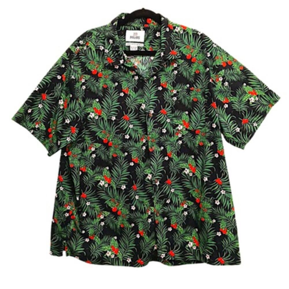 Rare CHRISTMAS Tropical Dinner Shirt 2X Green Hawaii Party Holiday Holly Berry